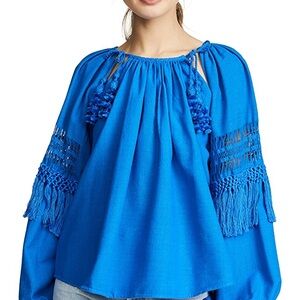 NWT Ulla Johnson Vibrant Blue Linen Blouse with Tassel Accents